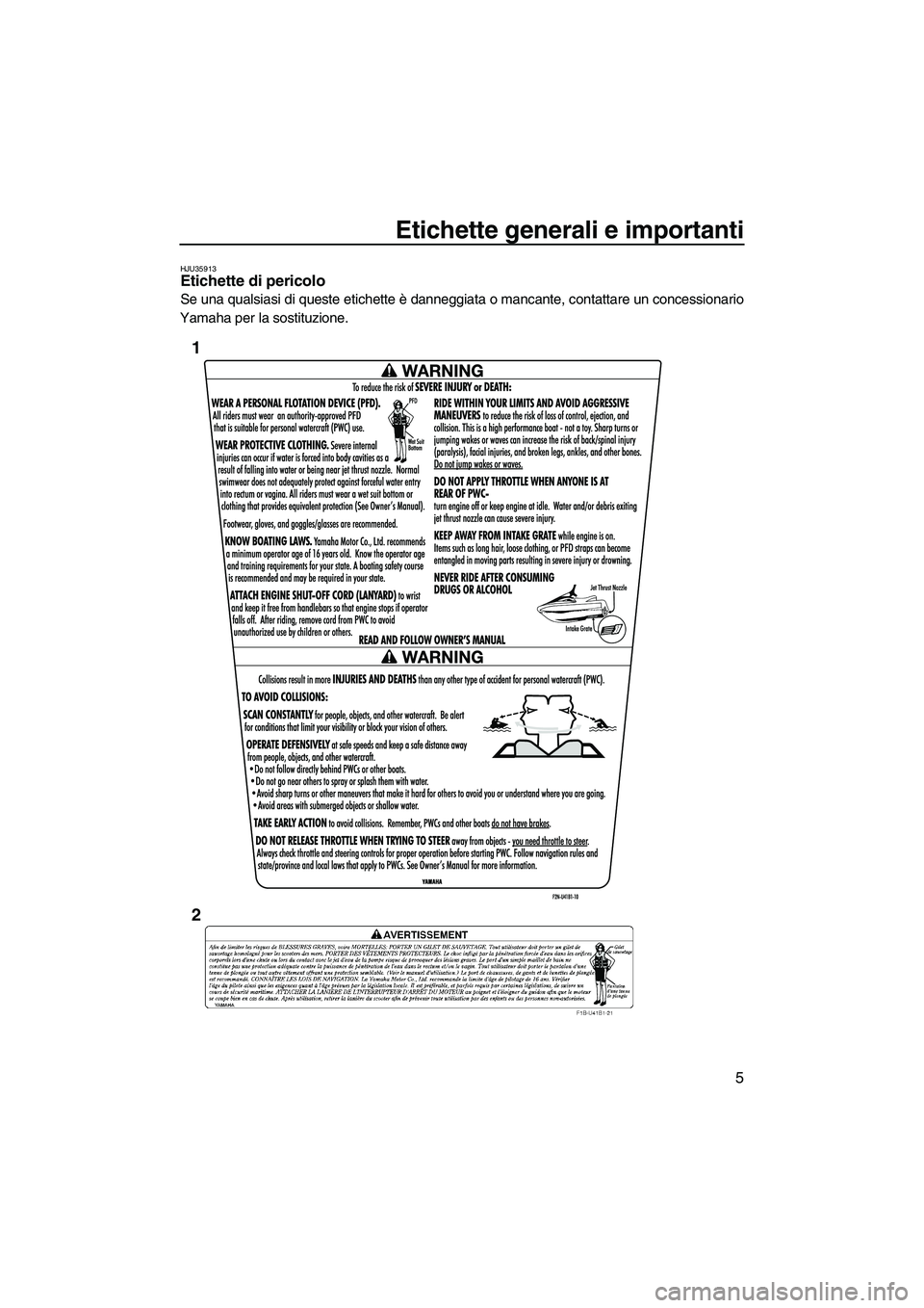 YAMAHA VX 2010  Manuale duso (in Italian) Etichette generali e importanti
5
HJU35913Etichette di pericolo 
Se una qualsiasi di queste etichette è danneggiata o mancante, contattare un concessionario
Yamaha per la sostituzione.
1
2
UF2N70H0.b