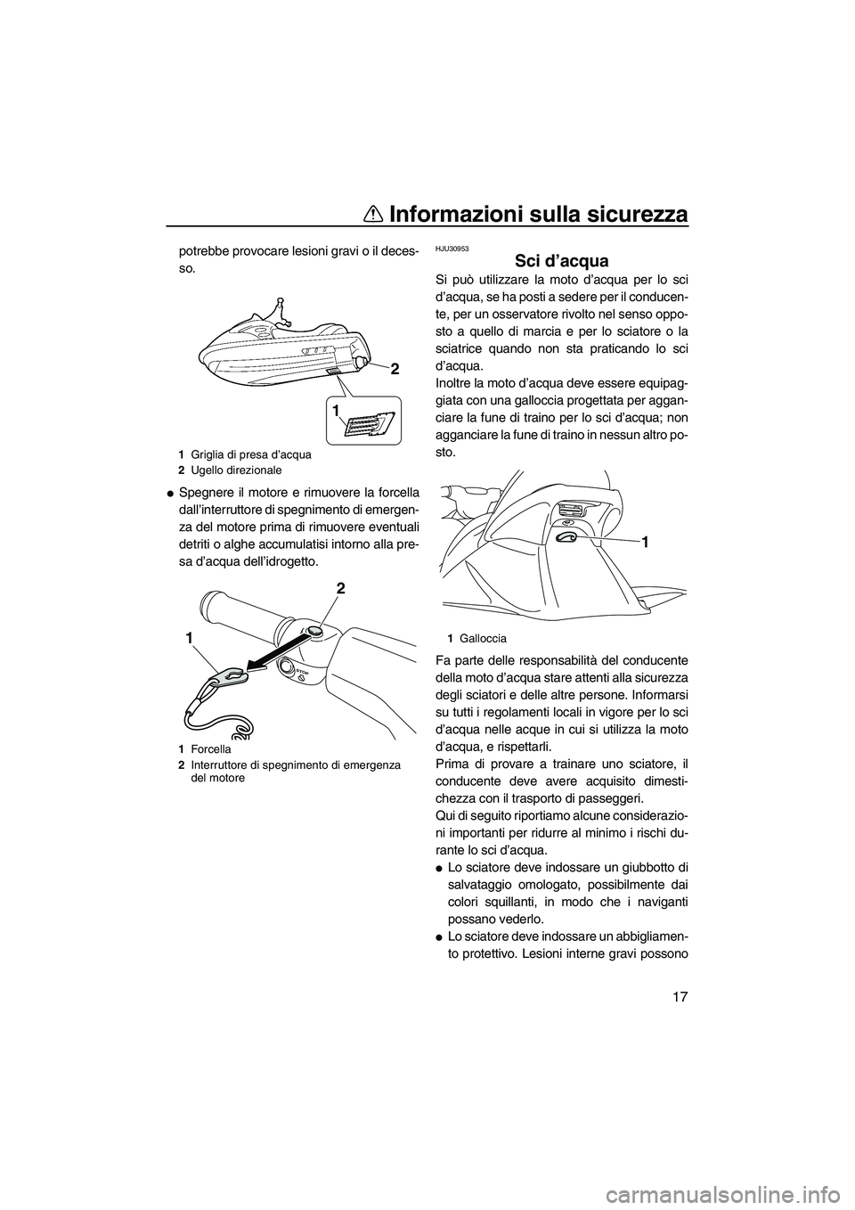 YAMAHA VX 2010  Manuale duso (in Italian) Informazioni sulla sicurezza
17
potrebbe provocare lesioni gravi o il deces-
so.
Spegnere il motore e rimuovere la forcella
dall’interruttore di spegnimento di emergen-
za del motore prima di rimuo
