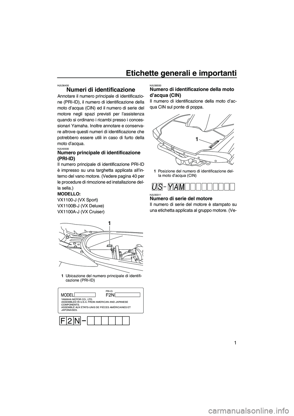 YAMAHA VX 2010 Manuale duso (in Italian) Etichette generali e importanti
1
HJU36450
Numeri di identificazione
Annotare il numero principale di identificazio-
ne (PRI-ID), il numero di identificazione della
moto d’acqua (CIN) ed il numero YAMAHA VX 2010 Manuale duso (in Italian) Etichette generali e importanti
1
HJU36450
Numeri di identificazione
Annotare il numero principale di identificazio-
ne (PRI-ID), il numero di identificazione della
moto d’acqua (CIN) ed il numero
