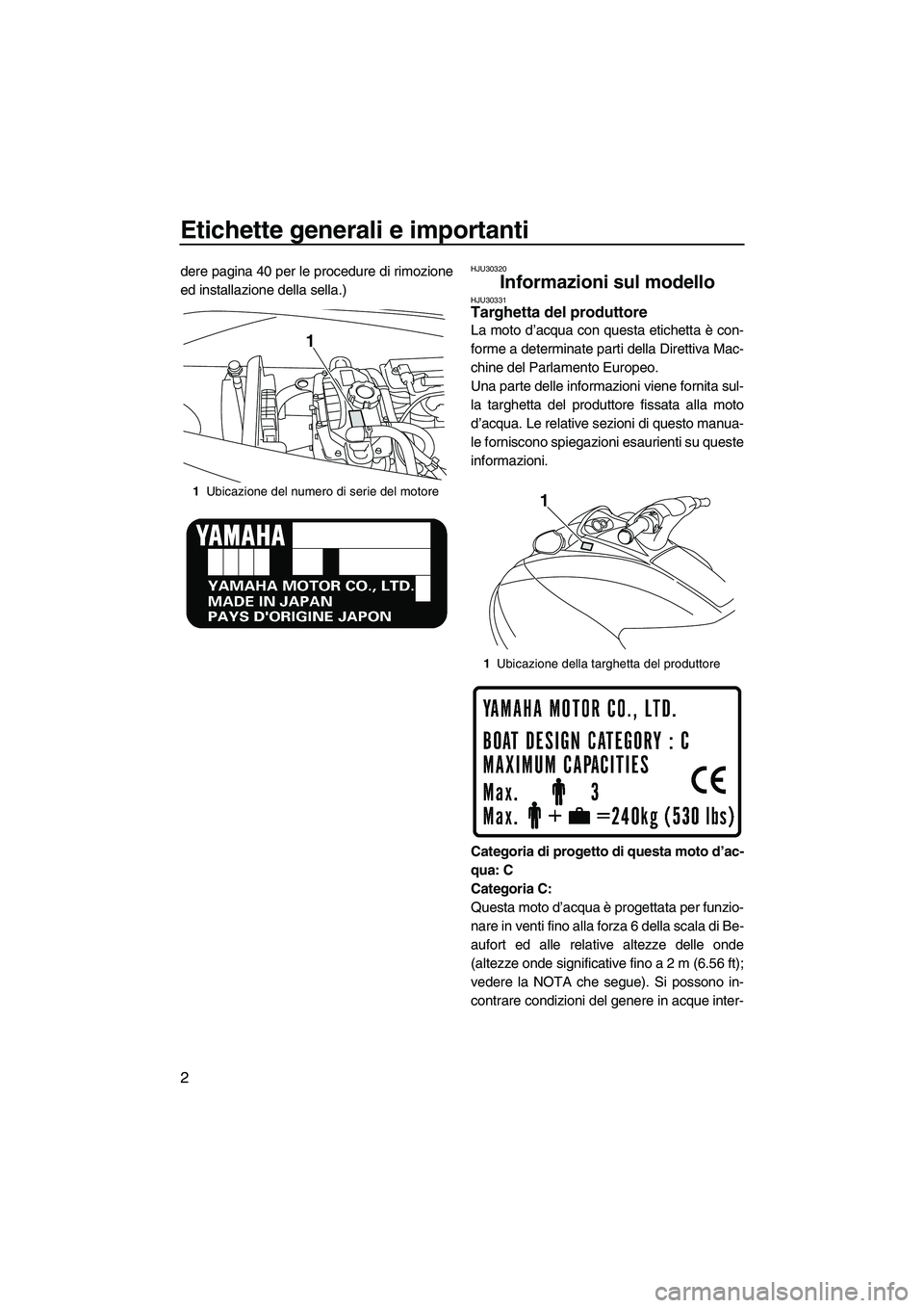 YAMAHA VX 2010  Manuale duso (in Italian) Etichette generali e importanti
2
dere pagina 40 per le procedure di rimozione
ed installazione della sella.)HJU30320
Informazioni sul modello HJU30331Targhetta del produttore 
La moto d’acqua con q