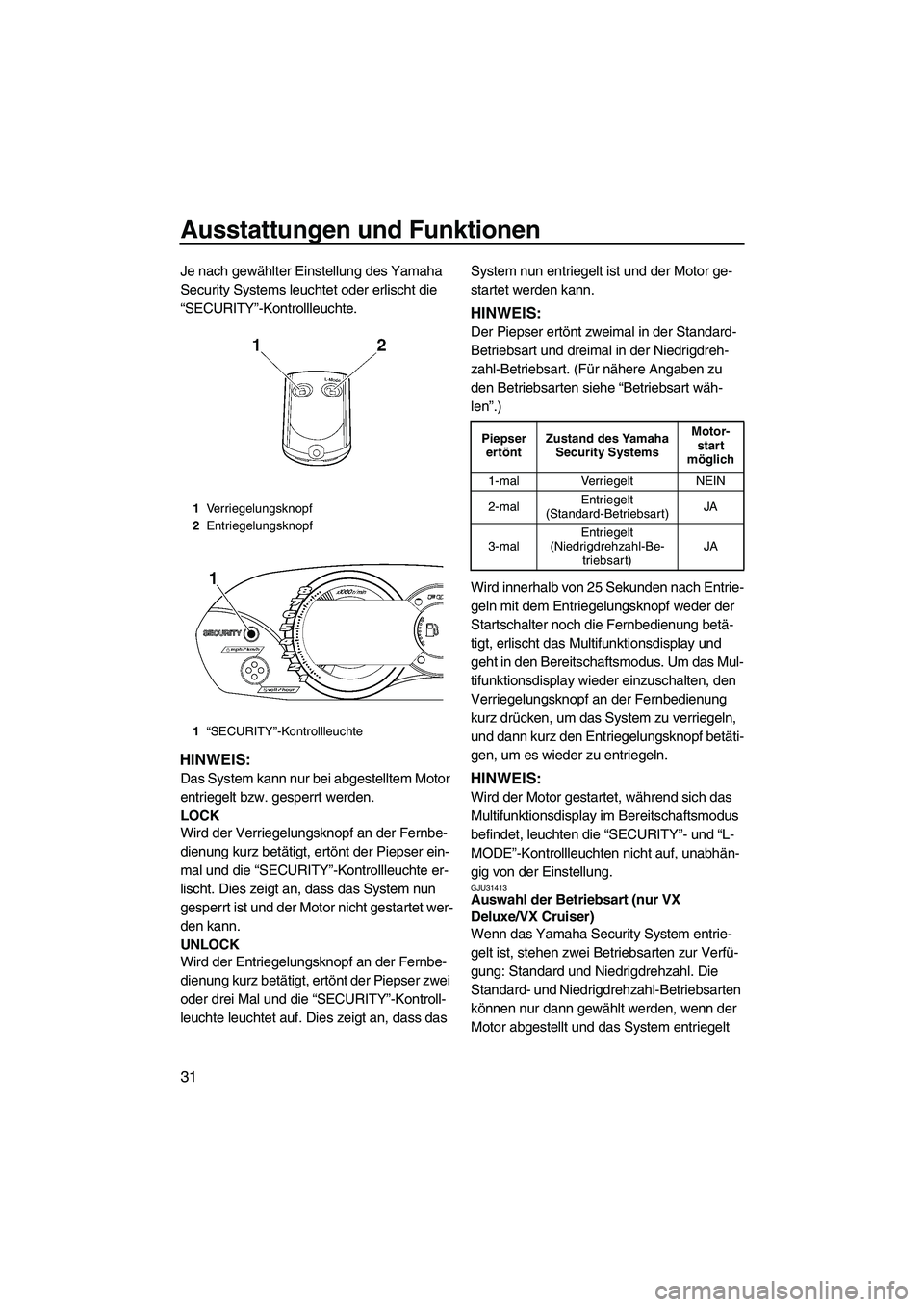 YAMAHA VX 2009 Betriebsanleitungen (in German) Ausstattungen und Funktionen
31
Je nach gewählter Einstellung des Yamaha
Security Systems leuchtet oder erlischt die
“SECURITY”-Kontrollleuchte.
HINWEIS:
Das System kann nur bei abgestelltem Mo YAMAHA VX 2009 Betriebsanleitungen (in German) Ausstattungen und Funktionen
31
Je nach gewählter Einstellung des Yamaha
Security Systems leuchtet oder erlischt die
“SECURITY”-Kontrollleuchte.
HINWEIS:
Das System kann nur bei abgestelltem Mo