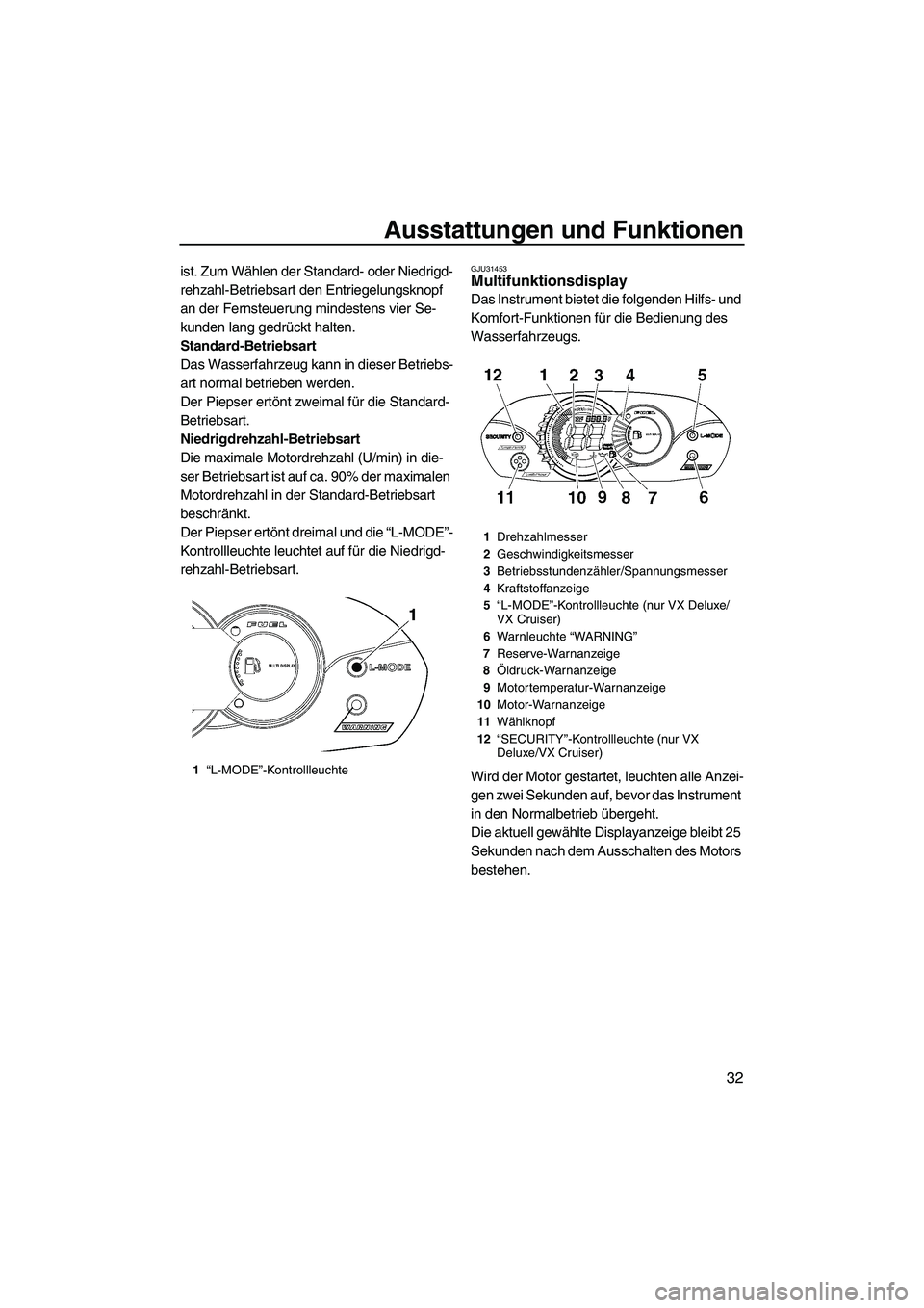 YAMAHA VX 2009 Betriebsanleitungen (in German) Ausstattungen und Funktionen
32
ist. Zum Wählen der Standard- oder Niedrigd-
rehzahl-Betriebsart den Entriegelungsknopf
an der Fernsteuerung mindestens vier Se-
kunden lang gedrückt halten.
Standar YAMAHA VX 2009 Betriebsanleitungen (in German) Ausstattungen und Funktionen
32
ist. Zum Wählen der Standard- oder Niedrigd-
rehzahl-Betriebsart den Entriegelungsknopf
an der Fernsteuerung mindestens vier Se-
kunden lang gedrückt halten.
Standar