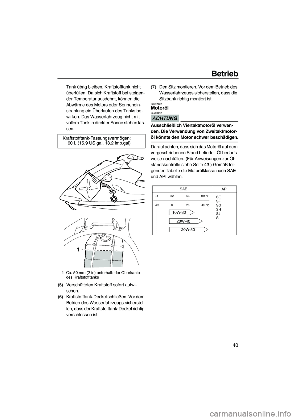 YAMAHA VX 2009 Betriebsanleitungen (in German) Betrieb
40
Tank übrig bleiben. Kraftstofftank nicht
überfüllen. Da sich Kraftstoff bei steigen-
der Temperatur ausdehnt, können die
Abwärme des Motors oder Sonnenein-
strahlung ein Überlaufen YAMAHA VX 2009 Betriebsanleitungen (in German) Betrieb
40
Tank übrig bleiben. Kraftstofftank nicht
überfüllen. Da sich Kraftstoff bei steigen-
der Temperatur ausdehnt, können die
Abwärme des Motors oder Sonnenein-
strahlung ein Überlaufen