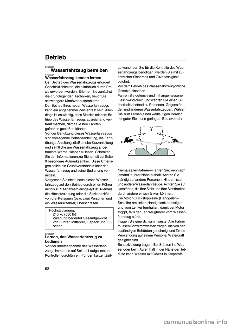 YAMAHA VX 2009 Betriebsanleitungen (in German) Betrieb
53
GJU32901
Wasserfahrzeug betreiben GJU32961Wasserfahrzeug kennen lernen
Der Betrieb des Wasserfahrzeugs erfordert
Geschicklichkeiten, die allmählich durch Pra-
xis erworben werden. Erlern YAMAHA VX 2009 Betriebsanleitungen (in German) Betrieb
53
GJU32901
Wasserfahrzeug betreiben GJU32961Wasserfahrzeug kennen lernen
Der Betrieb des Wasserfahrzeugs erfordert
Geschicklichkeiten, die allmählich durch Pra-
xis erworben werden. Erlern