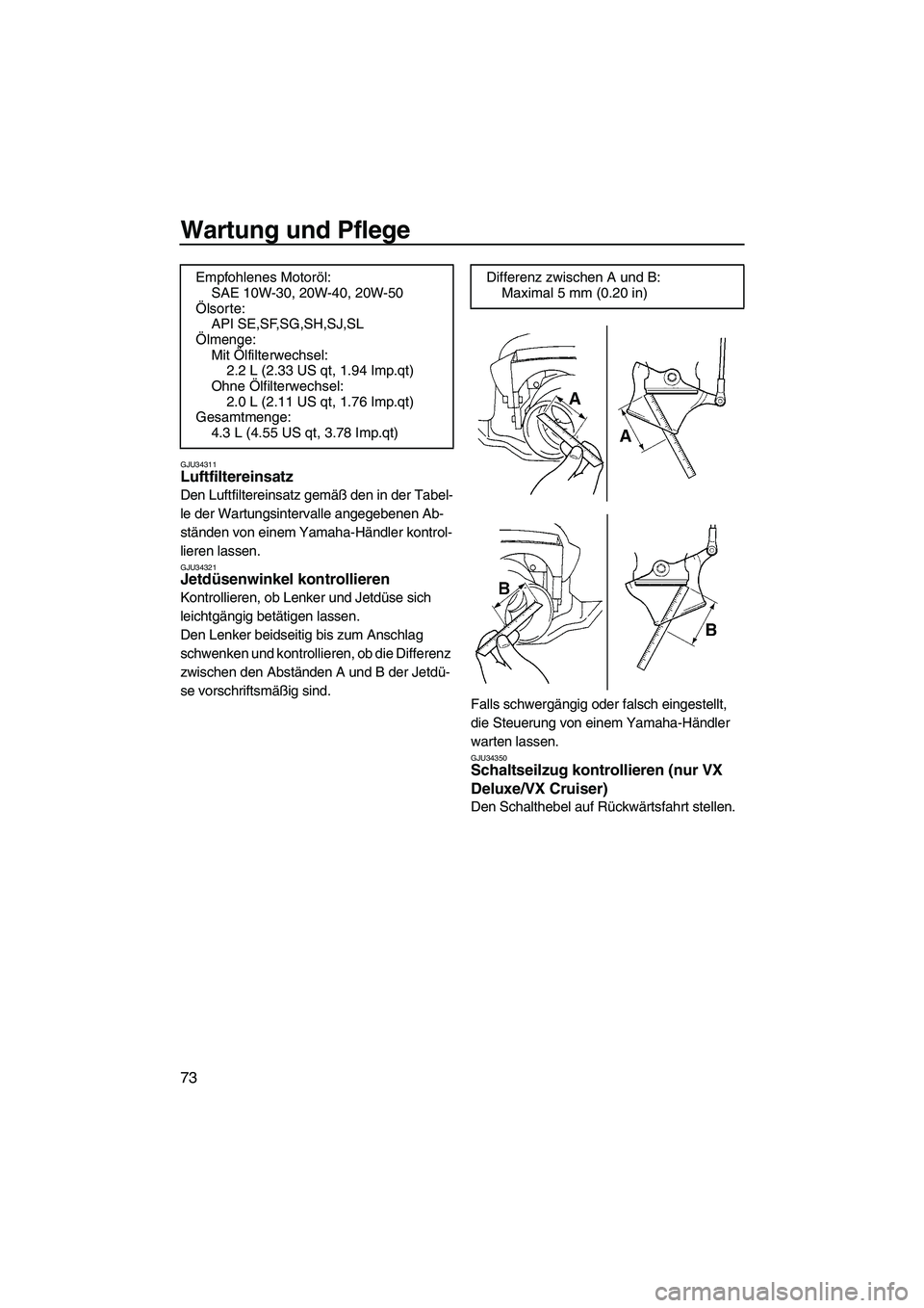YAMAHA VX 2009 Betriebsanleitungen (in German) Wartung und Pflege
73
GJU34311Luftfiltereinsatz
Den Luftfiltereinsatz gemäß den in der Tabel-
le der Wartungsintervalle angegebenen Ab-
ständen von einem Yamaha-Händler kontrol-
lieren lassen.
GJ YAMAHA VX 2009 Betriebsanleitungen (in German) Wartung und Pflege
73
GJU34311Luftfiltereinsatz
Den Luftfiltereinsatz gemäß den in der Tabel-
le der Wartungsintervalle angegebenen Ab-
ständen von einem Yamaha-Händler kontrol-
lieren lassen.
GJ