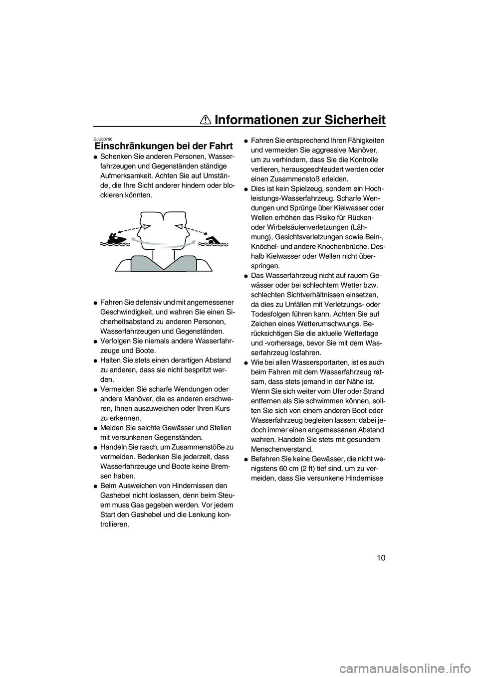 YAMAHA VX 2008 Betriebsanleitungen (in German) Informationen zur Sicherheit
10
GJU30760
Einschränkungen bei der Fahrt
Schenken Sie anderen Personen, Wasser-
fahrzeugen und Gegenständen ständige
Aufmerksamkeit. Achten Sie auf Umstän-
de, die YAMAHA VX 2008 Betriebsanleitungen (in German) Informationen zur Sicherheit
10
GJU30760
Einschränkungen bei der Fahrt
Schenken Sie anderen Personen, Wasser-
fahrzeugen und Gegenständen ständige
Aufmerksamkeit. Achten Sie auf Umstän-
de, die