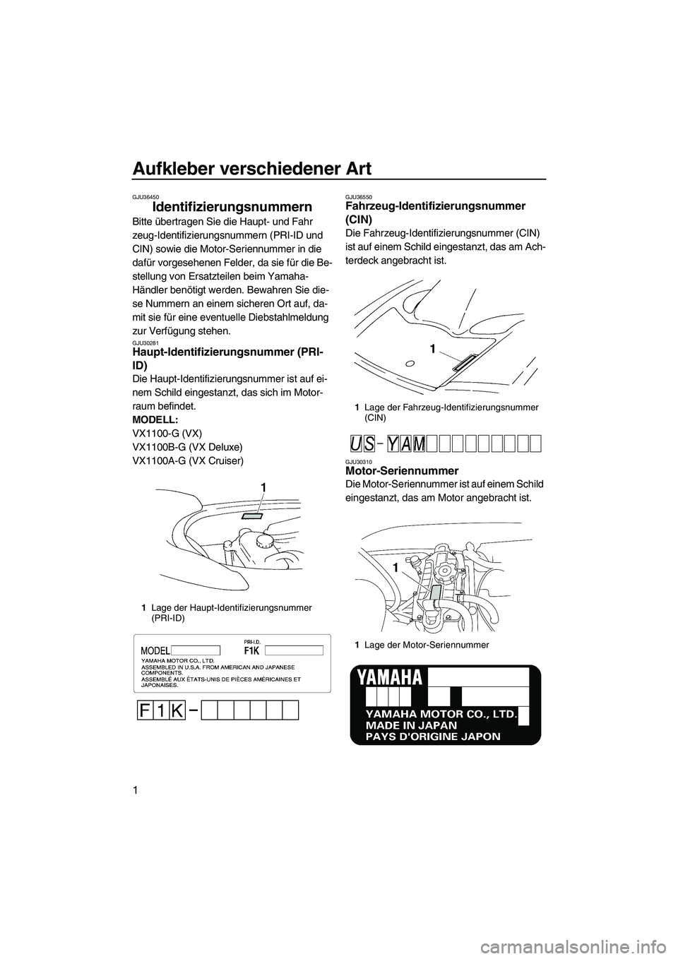 YAMAHA VX 2008 Betriebsanleitungen (in German) Aufkleber verschiedener Art
1
GJU36450
Identifizierungsnummern
Bitte übertragen Sie die Haupt- und Fahr
zeug-Identifizierungsnummern (PRI-ID und
CIN) sowie die Motor-Seriennummer in die
dafür vo YAMAHA VX 2008 Betriebsanleitungen (in German) Aufkleber verschiedener Art
1
GJU36450
Identifizierungsnummern
Bitte übertragen Sie die Haupt- und Fahr
zeug-Identifizierungsnummern (PRI-ID und
CIN) sowie die Motor-Seriennummer in die
dafür vo
