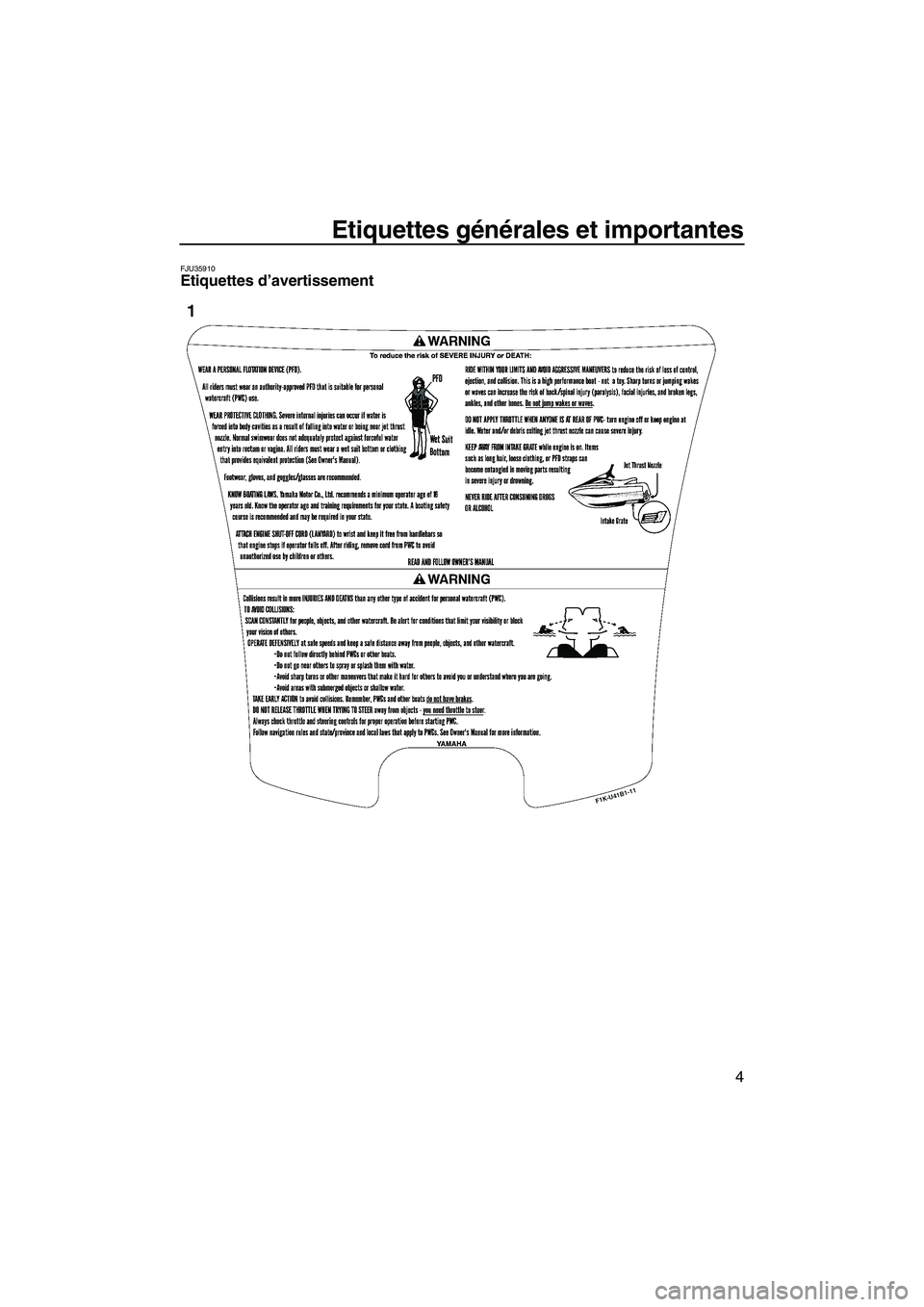 YAMAHA VX 2008  Notices Demploi (in French) Etiquettes générales et importantes
4
FJU35910Etiquettes d’avertissement 
UF1K73F0.book  Page 4  Wednesday, July 11, 2007  4:05 PM 