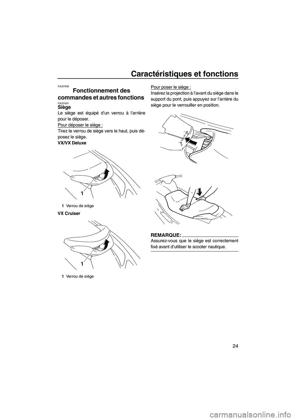 YAMAHA VX 2008  Notices Demploi (in French) Caractéristiques et fonctions
24
FJU31020
Fonctionnement des 
commandes et autres fonctions 
FJU31031Siège 
Le siège est équipé d’un verrou à l’arrière
pour le déposer.
Pour déposer le si