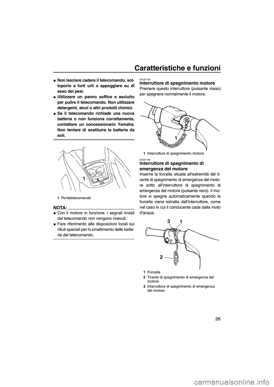 YAMAHA VX 2008  Manuale duso (in Italian) Caratteristiche e funzioni
26
Non lasciare cadere il telecomando, sot-
toporlo a forti urti o appoggiare su di
esso dei pesi.
Utilizzare un panno soffice e asciutto
per pulire il telecomando. Non ut
