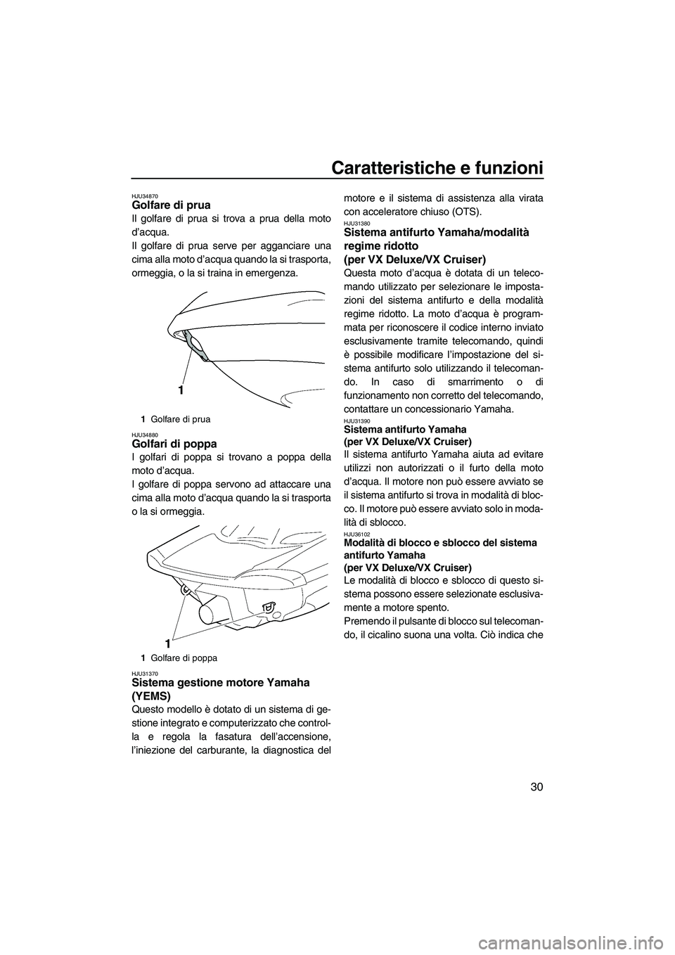 YAMAHA VX 2008  Manuale duso (in Italian) Caratteristiche e funzioni
30
HJU34870Golfare di prua 
Il golfare di prua si trova a prua della moto
d’acqua.
Il golfare di prua serve per agganciare una
cima alla moto d’acqua quando la si traspo