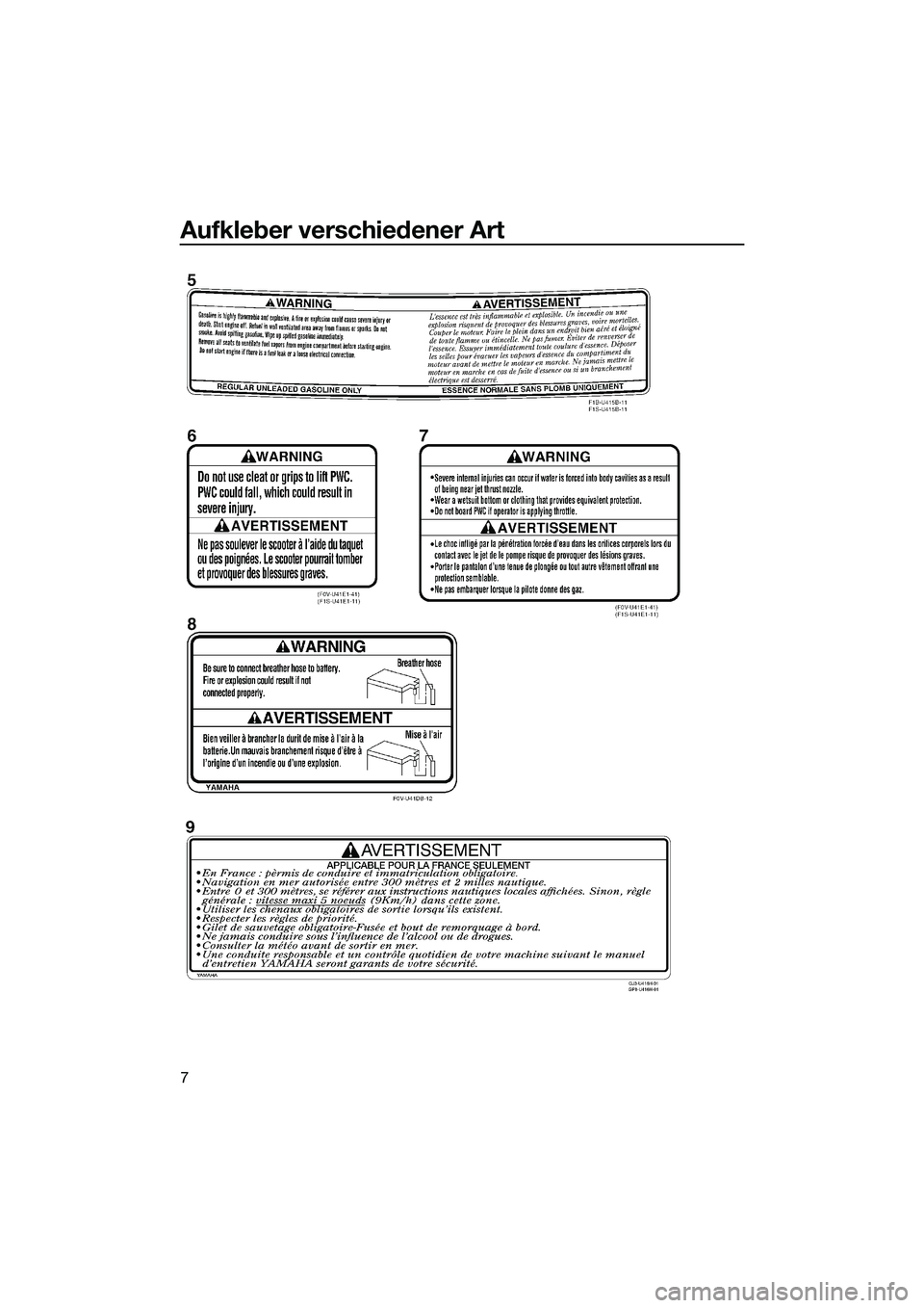 YAMAHA VX SPORT 2014  Betriebsanleitungen (in German) Aufkleber verschiedener Art
7
UF2P71G0.book  Page 7  Wednesday, July 10, 2013  6:08 PM 