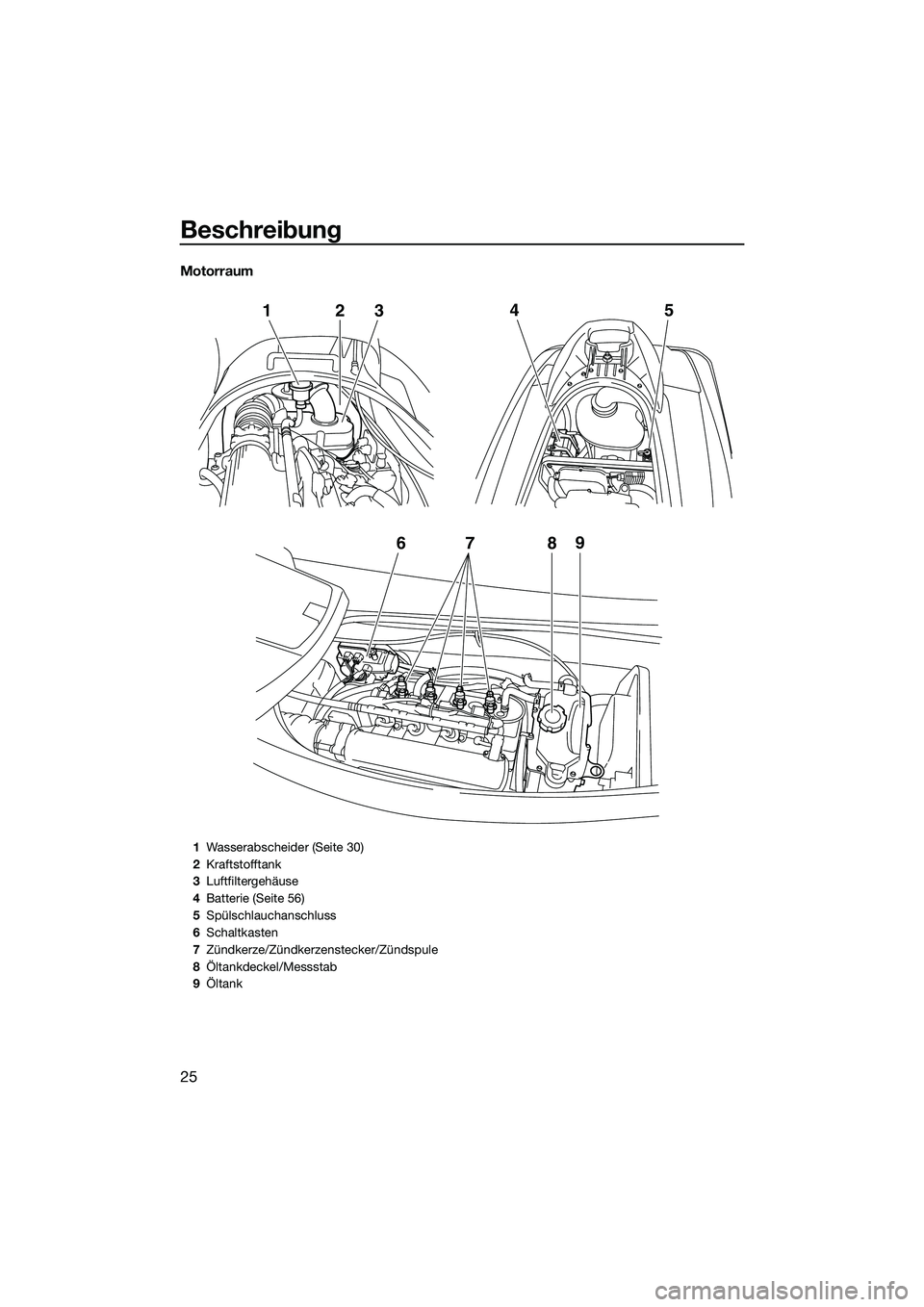 YAMAHA VX SPORT 2014  Betriebsanleitungen (in German) Beschreibung
25
Motorraum
678 9
12
345
1Wasserabscheider (Seite 30)
2 Kraftstofftank
3 Luftfiltergehäuse
4 Batterie (Seite 56)
5 Spülschlauchanschluss
6 Schaltkasten
7 Zündkerze/Zündkerzenstecker/