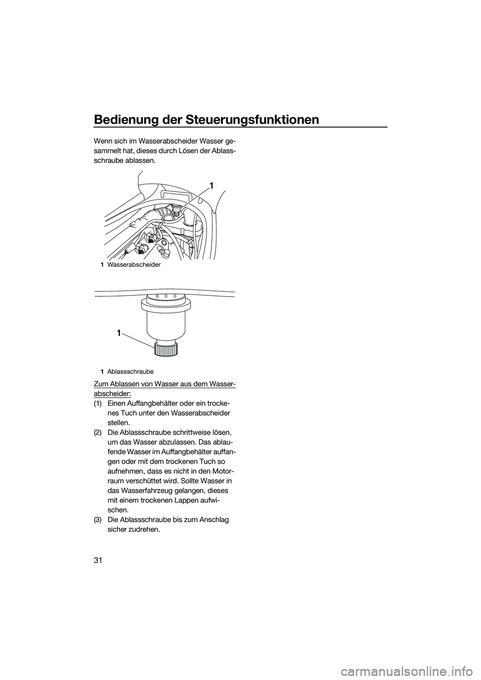 YAMAHA VX SPORT 2014  Betriebsanleitungen (in German) Bedienung der Steuerungsfunktionen
31
Wenn sich im Wasserabscheider Wasser ge-
sammelt hat, dieses durch Lösen der Ablass-
schraube ablassen.
Zum Ablassen von Wasser aus dem Wasser-
abscheider:
(1) E