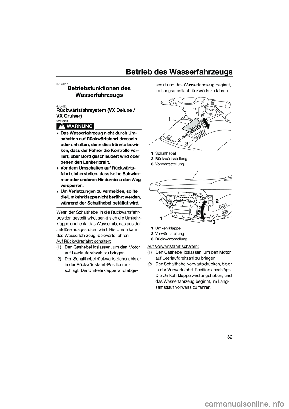 YAMAHA VX SPORT 2014  Betriebsanleitungen (in German) Betrieb des Wasserfahrzeugs
32
GJU40012
Betriebsfunktionen des Wasserfahrzeugs
GJU40521Rückwärtsfahrsystem (VX Deluxe / 
VX Cruiser)
WARNUNG
GWJ01231
Das Wasserfahrzeug nicht durch Um-
schalten a