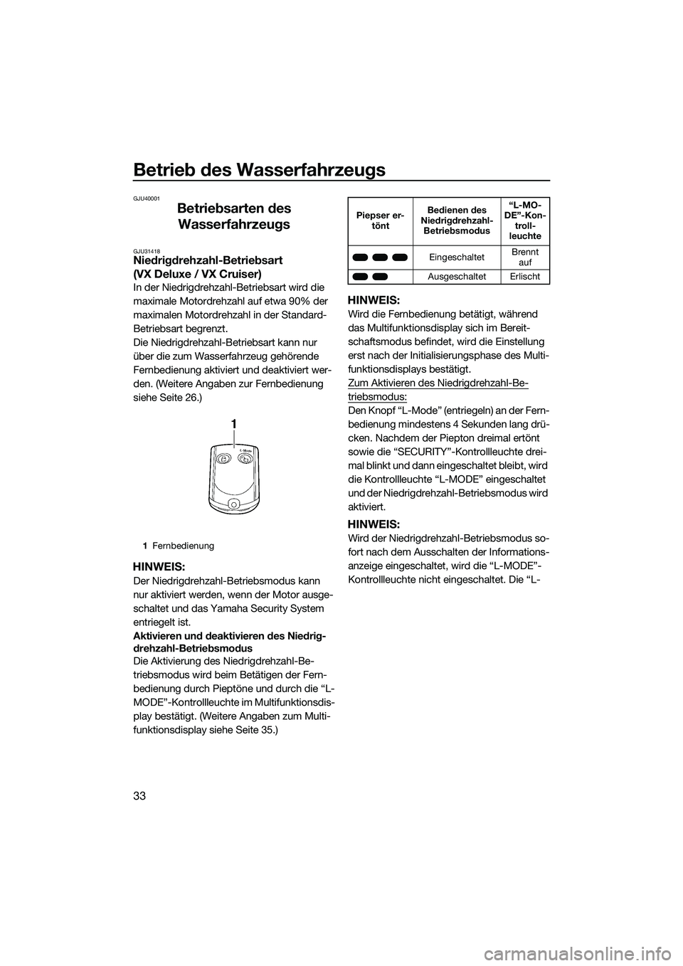 YAMAHA VX SPORT 2014  Betriebsanleitungen (in German) Betrieb des Wasserfahrzeugs
33
GJU40001
Betriebsarten des Wasserfahrzeugs
GJU31418Niedrigdrehzahl-Betriebsart 
(VX Deluxe / VX Cruiser)
In der Niedrigdrehzahl-Betriebsart wird die 
maximale Motordrehz