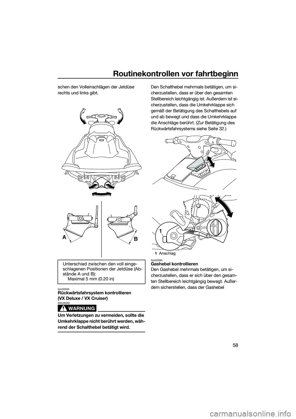 YAMAHA VX SPORT 2014 Betriebsanleitungen (in German) Routinekontrollen vor fahrtbeginn
58
schen den Volleinschlägen der Jetdüse
rechts und links gibt.
GJU32635Rückwärtsfahrsystem kontrollieren
(VX Deluxe / VX Cruiser)
WARNUNG
GWJ00032
Um Verletzun YAMAHA VX SPORT 2014 Betriebsanleitungen (in German) Routinekontrollen vor fahrtbeginn
58
schen den Volleinschlägen der Jetdüse
rechts und links gibt.
GJU32635Rückwärtsfahrsystem kontrollieren
(VX Deluxe / VX Cruiser)
WARNUNG
GWJ00032
Um Verletzun