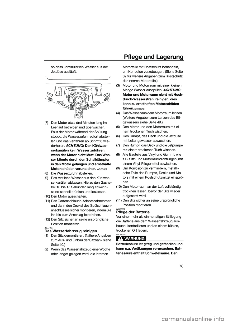 YAMAHA VX SPORT 2014 Betriebsanleitungen (in German) Pflege und Lagerung
78
so dass kontinuierlich Wasser aus der
Jetdüse ausläuft.
(7) Den Motor etwa drei Minuten lang im Leerlauf betreiben und überwachen.
Falls der Motor während der Spülung
s YAMAHA VX SPORT 2014 Betriebsanleitungen (in German) Pflege und Lagerung
78
so dass kontinuierlich Wasser aus der
Jetdüse ausläuft.
(7) Den Motor etwa drei Minuten lang im Leerlauf betreiben und überwachen.
Falls der Motor während der Spülung
s
