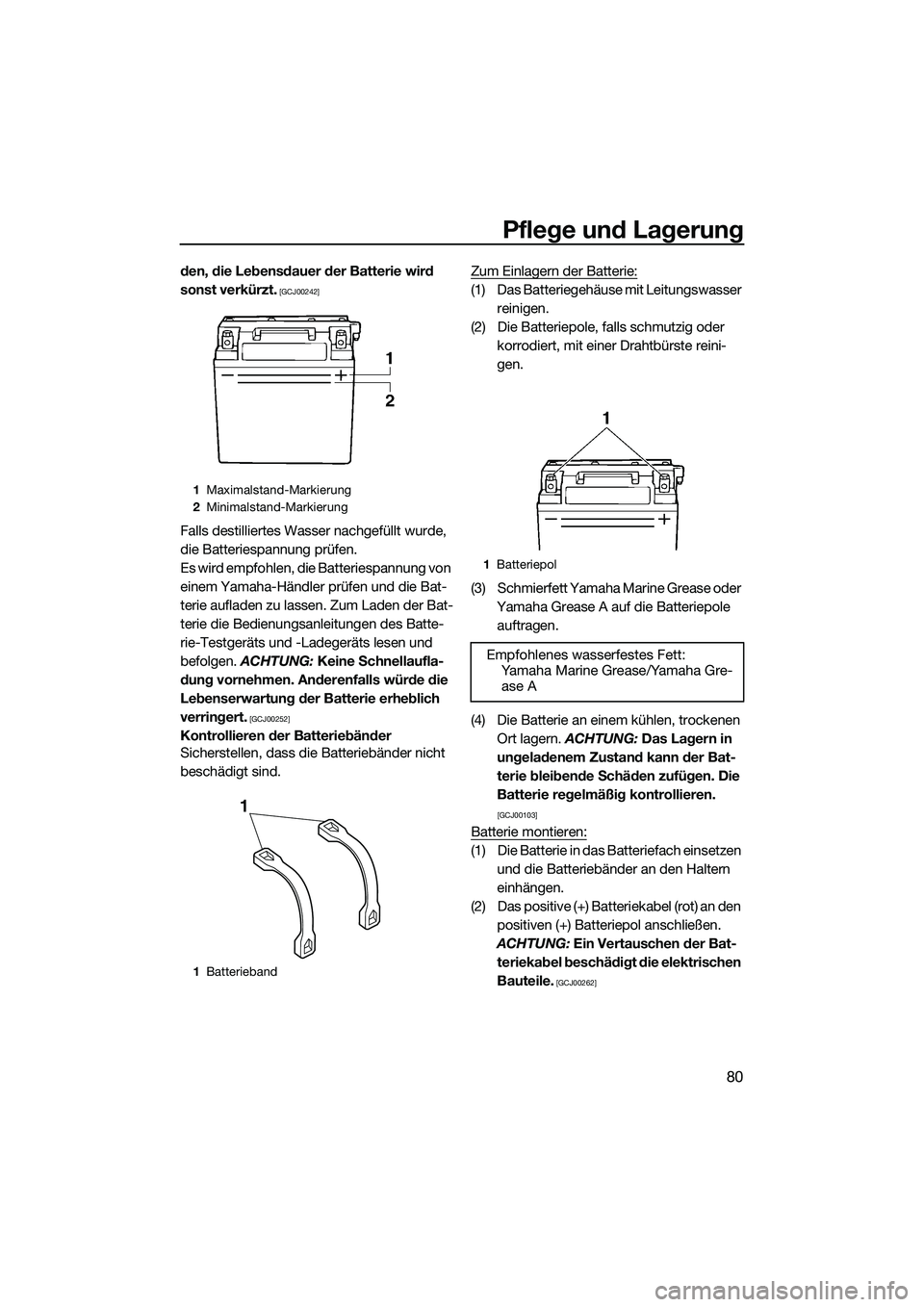 YAMAHA VX SPORT 2014  Betriebsanleitungen (in German) Pflege und Lagerung
80
den, die Lebensdauer der Batterie wird 
sonst verkürzt.
 [GCJ00242]
Falls destilliertes Wasser nachgefüllt wurde, 
die Batteriespannung prüfen.
Es wird empfohlen, die Batteri