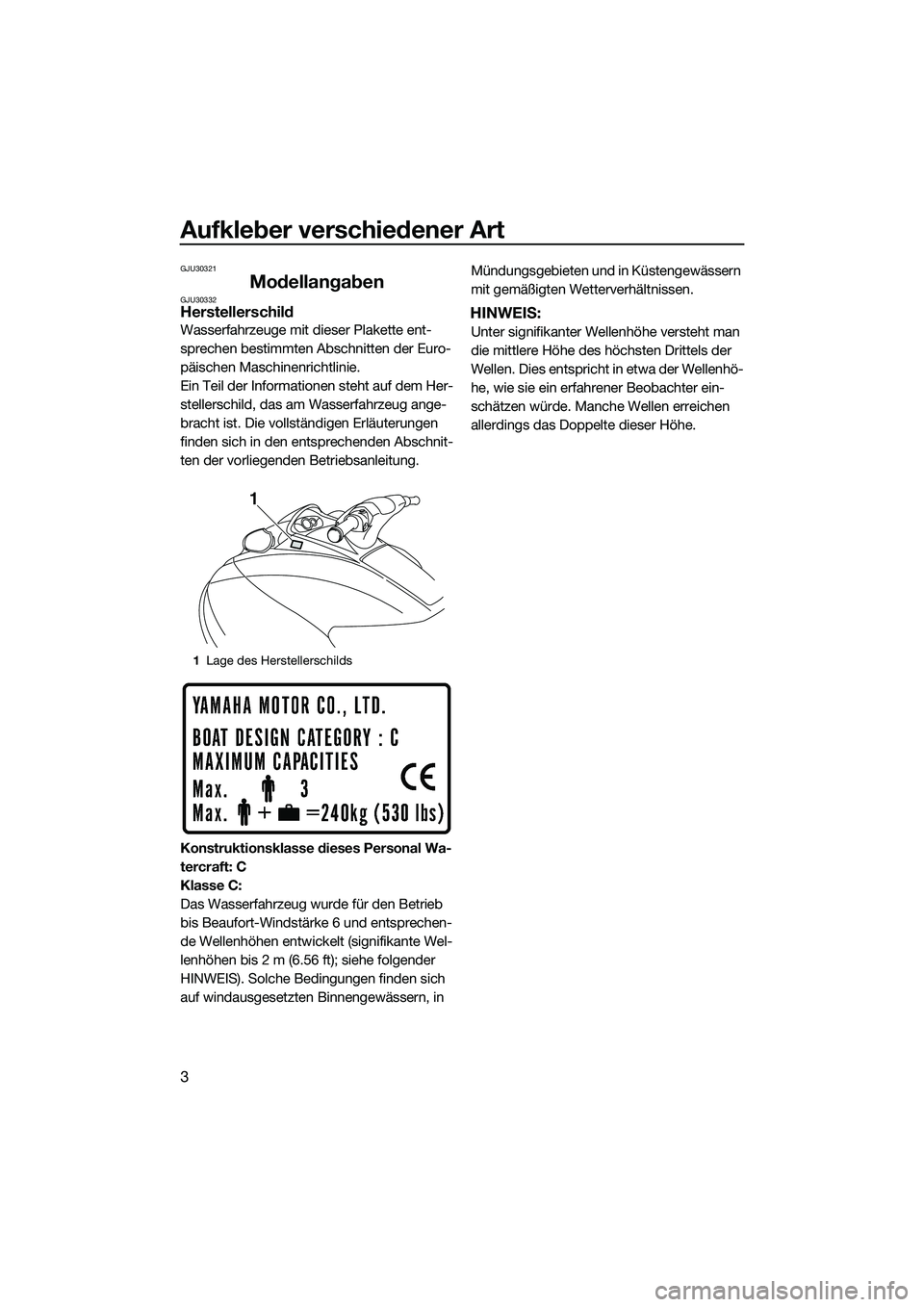 YAMAHA VX SPORT 2014 Betriebsanleitungen (in German) Aufkleber verschiedener Art
3
GJU30321
ModellangabenGJU30332Herstellerschild
Wasserfahrzeuge mit dieser Plakette ent-
sprechen bestimmten Abschnitten der Euro-
päischen Maschinenrichtlinie.
Ein Teil YAMAHA VX SPORT 2014 Betriebsanleitungen (in German) Aufkleber verschiedener Art
3
GJU30321
ModellangabenGJU30332Herstellerschild
Wasserfahrzeuge mit dieser Plakette ent-
sprechen bestimmten Abschnitten der Euro-
päischen Maschinenrichtlinie.
Ein Teil