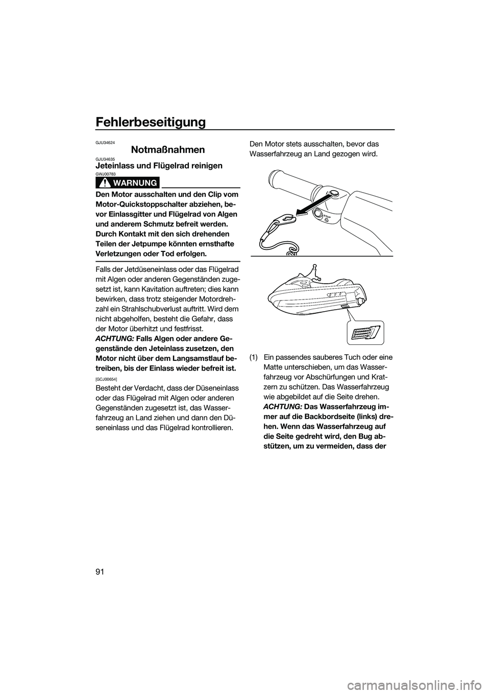 YAMAHA VX SPORT 2014  Betriebsanleitungen (in German) Fehlerbeseitigung
91
GJU34624
NotmaßnahmenGJU34635Jeteinlass und Flügelrad reinigen
WARNUNG
GWJ00783
Den Motor ausschalten und den Clip vom 
Motor-Quickstoppschalter abziehen, be-
vor Einlassgitter 
