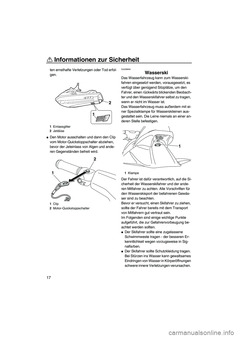 YAMAHA VX DELUXE 2013  Betriebsanleitungen (in German) Informationen zur Sicherheit
17
ten ernsthafte Verletzungen oder Tod erfol-
gen.
●Den Motor ausschalten und dann den Clip 
vom Motor-Quickstoppschalter abziehen, 
bevor der Jeteinlass von Algen und 