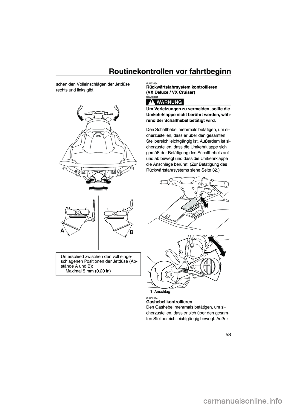 YAMAHA VX DELUXE 2013  Betriebsanleitungen (in German) Routinekontrollen vor fahrtbeginn
58
schen den Volleinschlägen der Jetdüse 
rechts und links gibt.GJU32634Rückwärtsfahrsystem kontrollieren 
(VX Deluxe / VX Cruiser) 
WARNUNG
GWJ00031
Um Verletzun