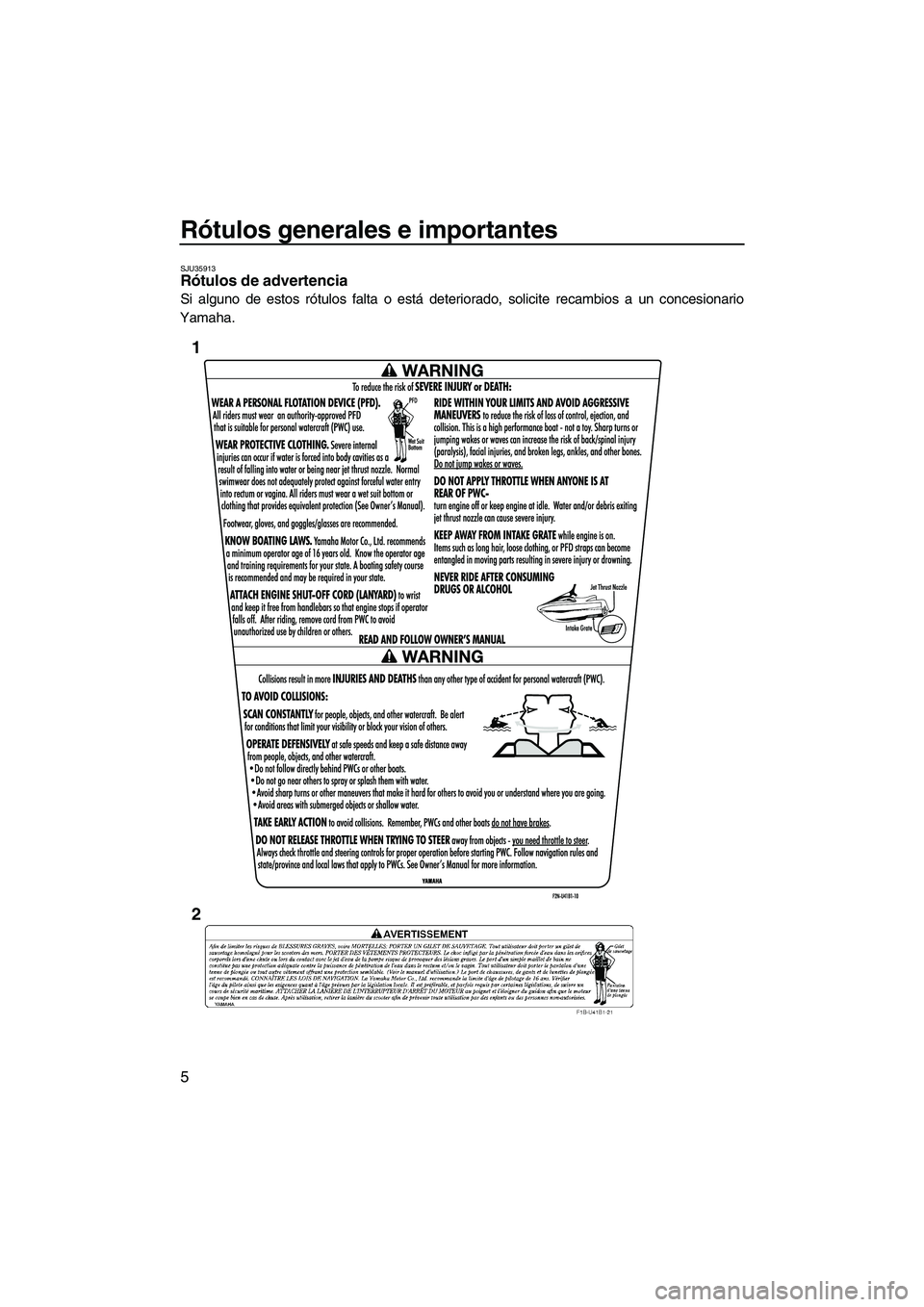 YAMAHA VX SPORT 2013  Manuale de Empleo (in Spanish) Rótulos generales e importantes
5
SJU35913Rótulos de advertencia 
Si alguno de estos rótulos falta o está deteriorado, solicite recambios a un concesionario
Yamaha.
1
2
UF2P70S0.book  Page 5  Tues