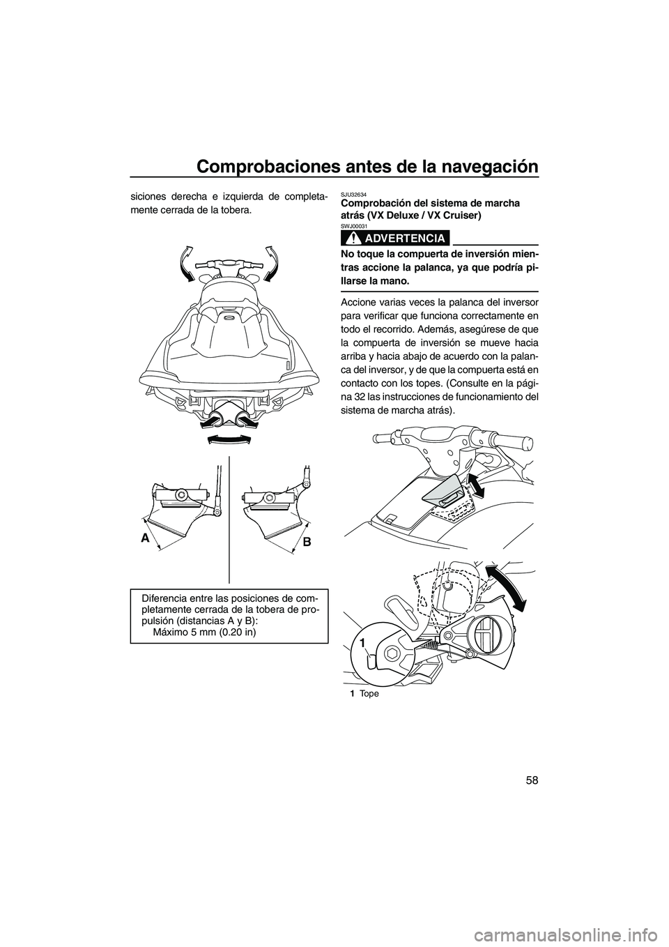 YAMAHA VX SPORT 2013  Manuale de Empleo (in Spanish) Comprobaciones antes de la navegación
58
siciones derecha e izquierda de completa-
mente cerrada de la tobera.SJU32634Comprobación del sistema de marcha 
atrás (VX Deluxe / VX Cruiser) 
ADVERTENCIA