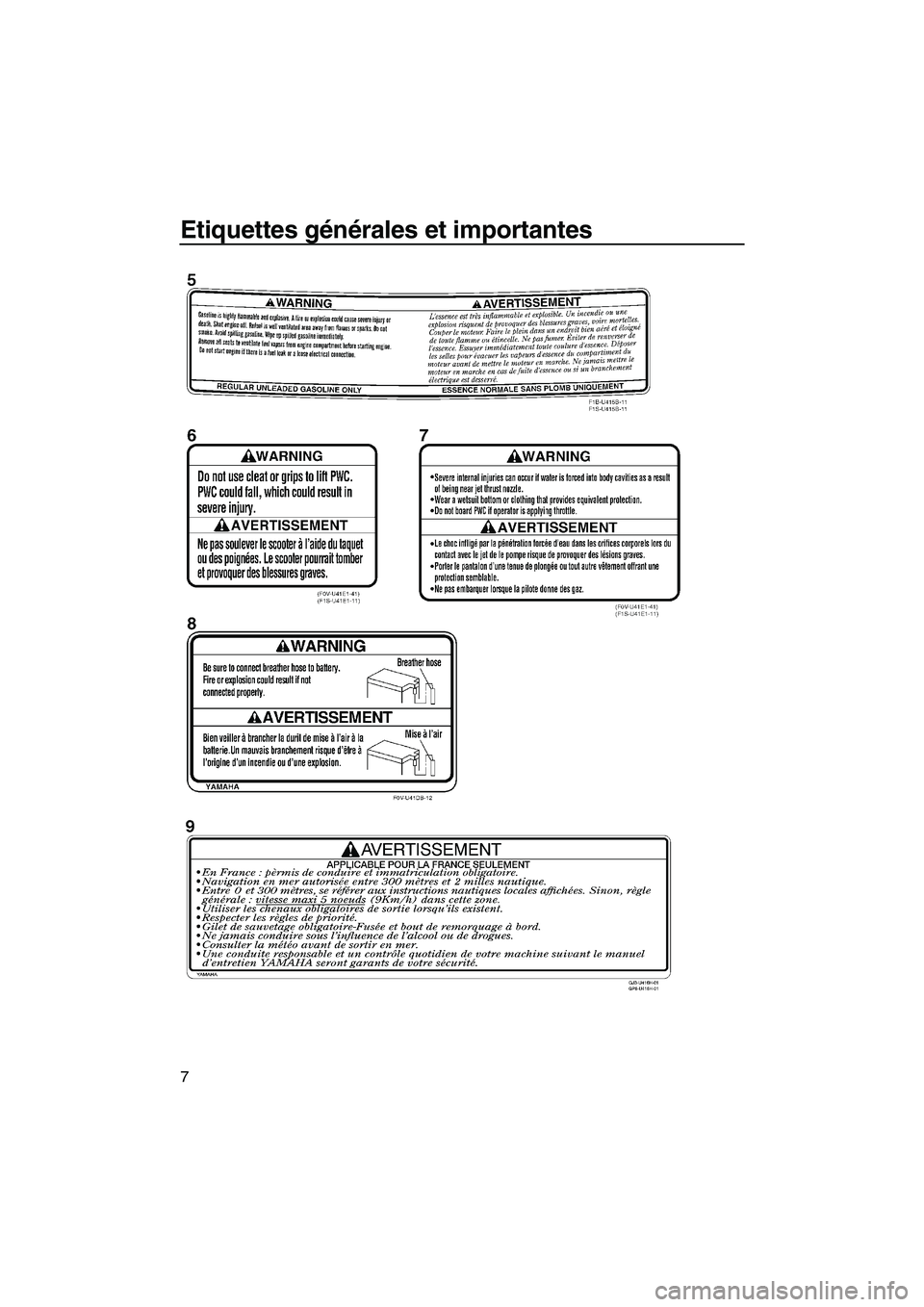 YAMAHA VX DELUXE 2013  Notices Demploi (in French) Etiquettes générales et importantes
7
UF2P70F0.book  Page 7  Tuesday, July 24, 2012  9:47 AM 