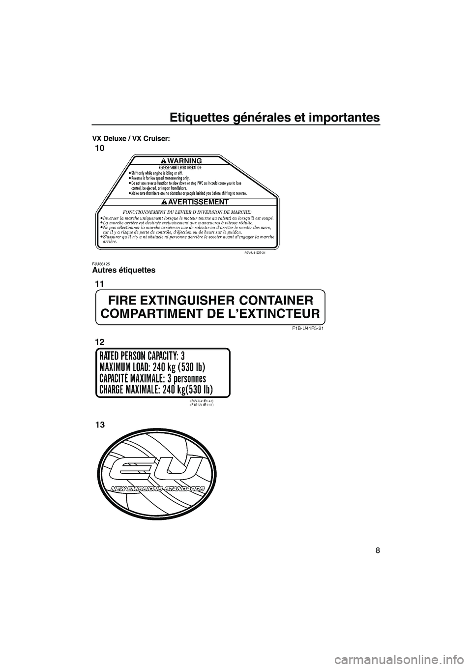 YAMAHA VX DELUXE 2013  Notices Demploi (in French) Etiquettes générales et importantes
8
VX Deluxe / VX Cruiser:
FJU36125Autres étiquettes 
UF2P70F0.book  Page 8  Tuesday, July 24, 2012  9:47 AM 