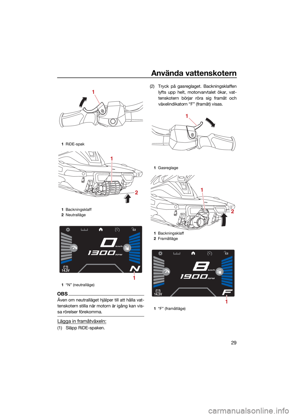 YAMAHA VX CRUISER HO 2022  Bruksanvisningar (in Swedish) Använda vattenskotern
29
OBS
Även om neutralläget hjälper till att hålla vat-
tenskotern stilla när motorn är igång kan vis-
sa rörelser förekomma.
Lägga in framåtväxeln:
(1) Släpp RiDE-