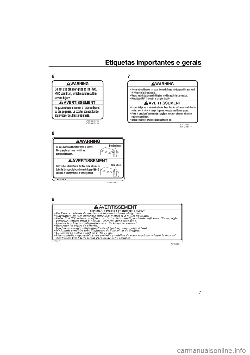 YAMAHA VX CRUISER HO 2017  Manual de utilização (in Portuguese) Etiquetas importantes e gerais
7
(F1S-U41E1-11) 
(F2S-U41E1-10)
F0V-U41DB-12
(F1S-U41E1-11) 
(F2S-U41E1-10)
6
87
GP8-U416H-01 
GJ3-U416H-01
9
UF4E71P0.book  Page 7  Tuesday, June 14, 2016  10:16 AM 