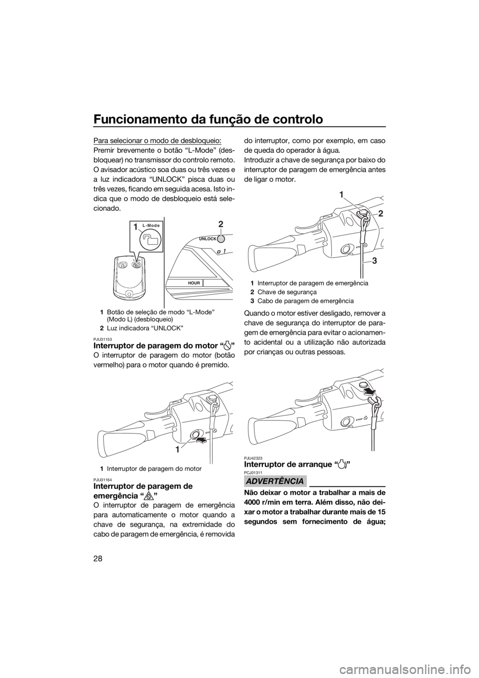YAMAHA VX CRUISER HO 2017  Manual de utilização (in Portuguese) Funcionamento da função de controlo
28
Para selecionar o modo de desbloqueio:
Premir brevemente o botão “L-Mode” (des-
bloquear) no transmissor do controlo remoto.
O avisador acústico soa duas