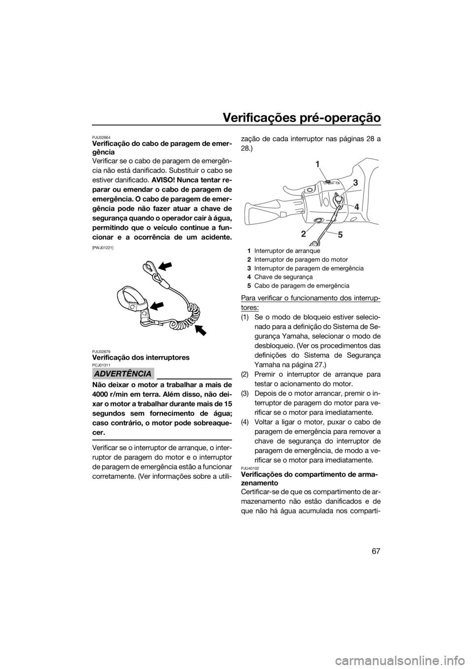 YAMAHA VX CRUISER HO 2017  Manual de utilização (in Portuguese) Verificações pré-operação
67
PJU32664Verificação do cabo de paragem de emer-
gência
Verificar se o cabo de paragem de emergên-
cia não está danificado. Substituir o cabo se
estiver danifica