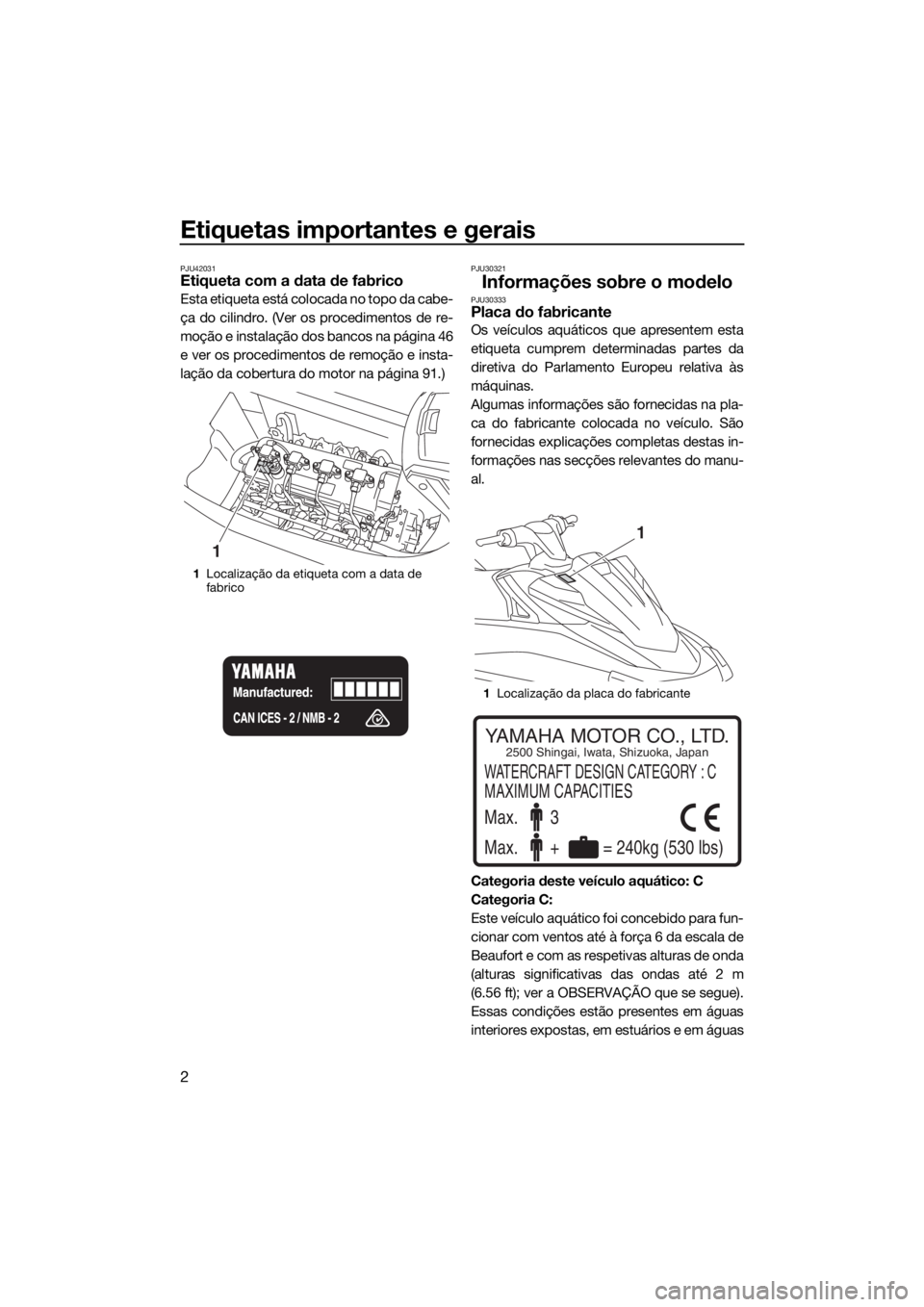 YAMAHA VX CRUISER HO 2017  Manual de utilização (in Portuguese) Etiquetas importantes e gerais
2
PJU42031Etiqueta com a data de fabrico
Esta etiqueta está colocada no topo da cabe-
ça do cilindro. (Ver os procedimentos de re-
moção e instalação dos bancos na