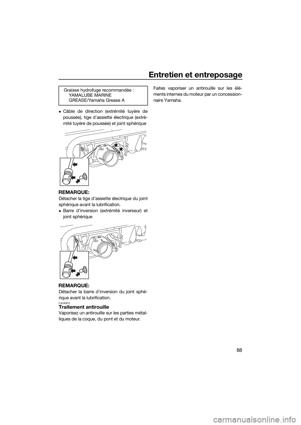 YAMAHA VXR 2018  Notices Demploi (in French) Entretien et entreposage
88
Câble de direction (extrémité tuyère de
poussée), tige d’assiette électrique (extré-
mité tuyère de poussée) et joint sphérique
REMARQUE:
Détacher la tige 