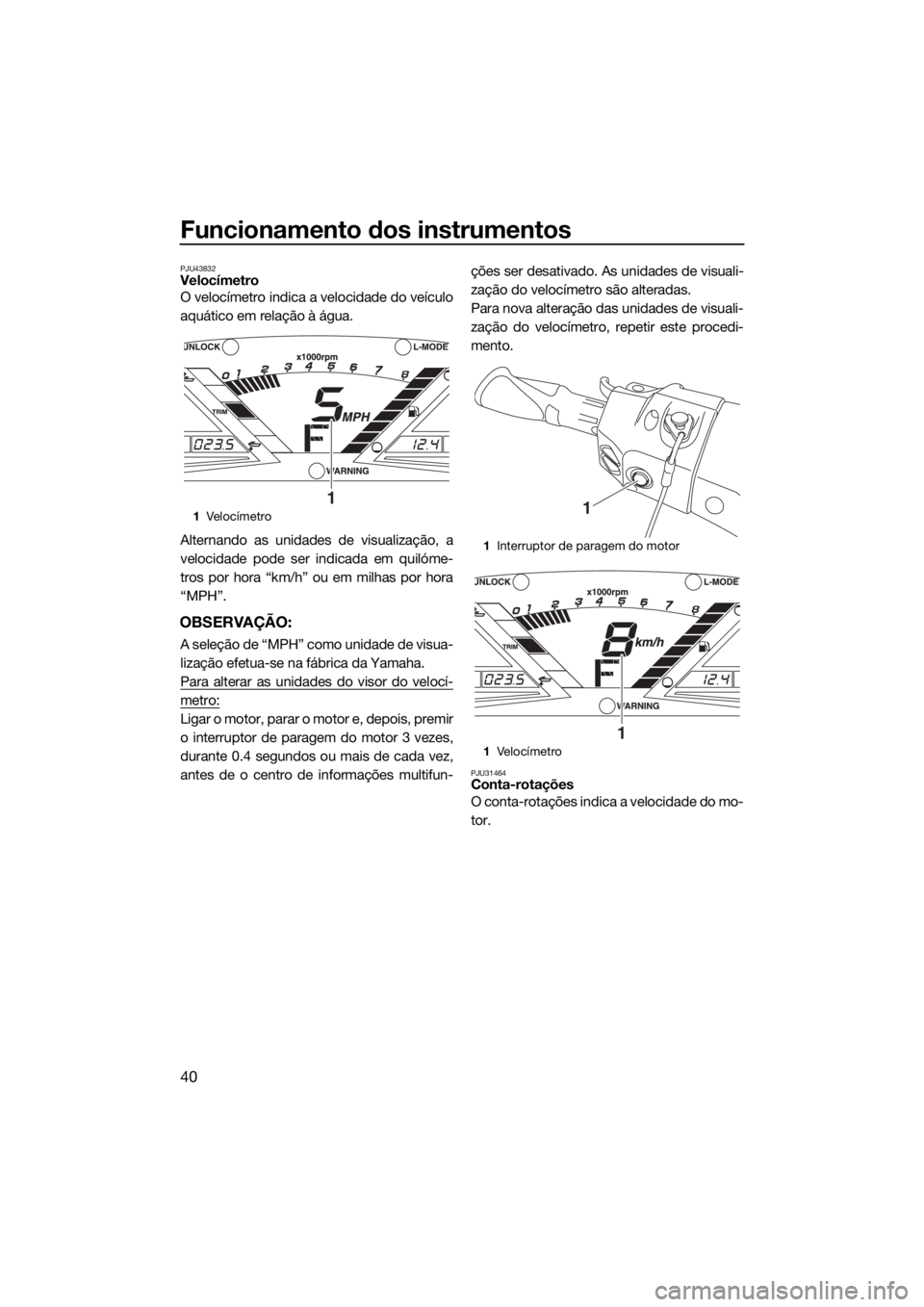 YAMAHA VXR 2017  Manual de utilização (in Portuguese) Funcionamento dos instrumentos
40
PJU43832Velocímetro
O velocímetro indica a velocidade do veículo
aquático em relação à água.
Alternando as unidades de visualização, a
velocidade pode ser i