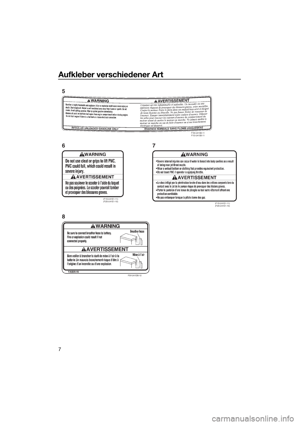 YAMAHA VXR 2016  Betriebsanleitungen (in German) Aufkleber verschiedener Art
7
(F1S-U41E1-11) 
(F2S-U41E1-10)
F0V-U41DB-12
(F1S-U41E1-11) 
(F2S-U41E1-10)
F1B-U415B-11
F1S-U415B-11
6
87 5
UF2W72G0.book  Page 7  Wednesday, October 7, 2015  1:43 PM 