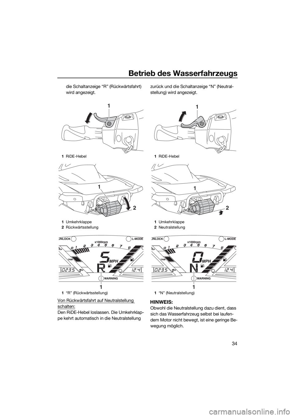 YAMAHA VXR 2016  Betriebsanleitungen (in German) Betrieb des Wasserfahrzeugs
34
die Schaltanzeige “R” (Rückwärtsfahrt) 
wird angezeigt.
Von Rückwärtsfahrt auf Neutralstellung 
schalten:
Den RiDE-Hebel loslassen. Die Umkehrklap-
pe kehrt auto
