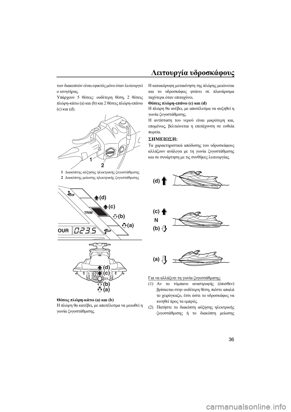 YAMAHA VXR 2016  ΟΔΗΓΌΣ ΧΡΉΣΗΣ (in Greek) Λειτουργία υδροσκάφους
36
των διακοπτών είναι εφικτός μόνο όταν λειτουργεί
ο κινητήρας.
Υπάρχουν 5 θέσεις: ουδ