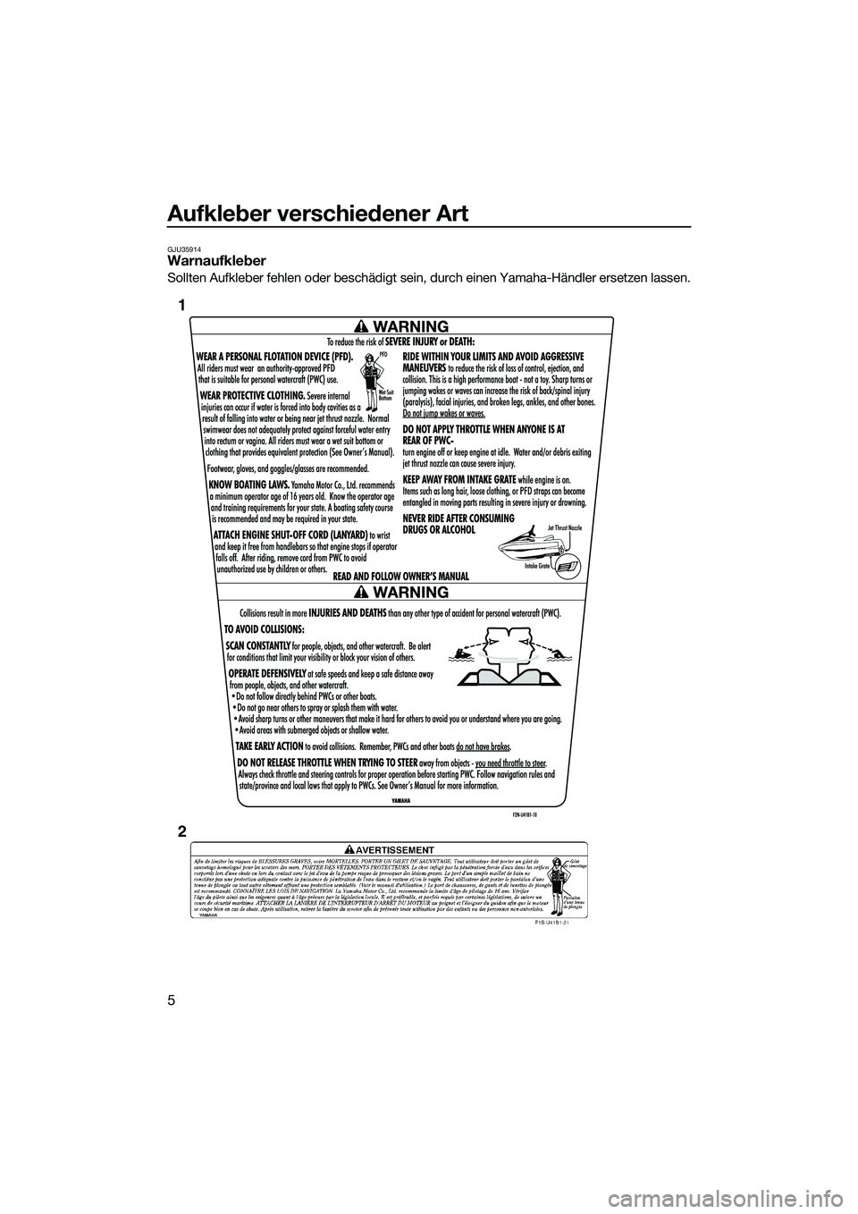 YAMAHA VXR 2014  Betriebsanleitungen (in German) Aufkleber verschiedener Art
5
GJU35914Warnaufkleber
Sollten Aufkleber fehlen oder beschädigt sein, durch einen Yamaha-Händler ersetzen lassen.
1
2
UF2M73G0.book  Page 5  Friday, August 2, 2013  11:3