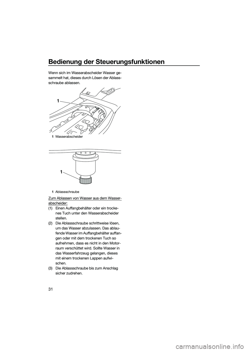 YAMAHA VXR 2014  Betriebsanleitungen (in German) Bedienung der Steuerungsfunktionen
31
Wenn sich im Wasserabscheider Wasser ge-
sammelt hat, dieses durch Lösen der Ablass-
schraube ablassen.
Zum Ablassen von Wasser aus dem Wasser-
abscheider:
(1) E