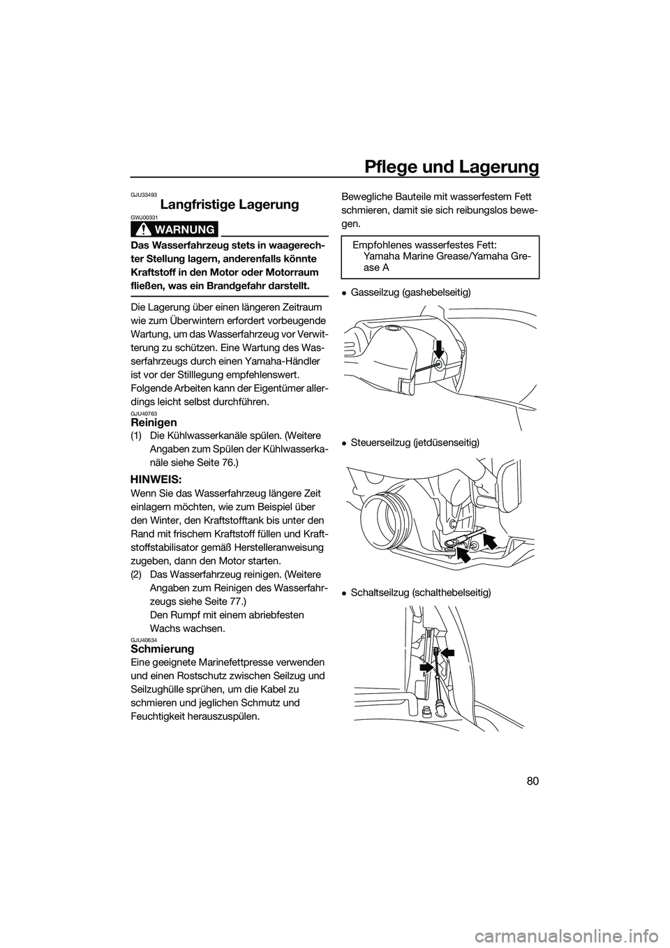 YAMAHA VXR 2014  Betriebsanleitungen (in German) Pflege und Lagerung
80
GJU33493
Langfristige Lagerung
WARNUNG
GWJ00331
Das Wasserfahrzeug stets in waagerech-
ter Stellung lagern, anderenfalls könnte 
Kraftstoff in den Motor oder Motorraum 
fließe