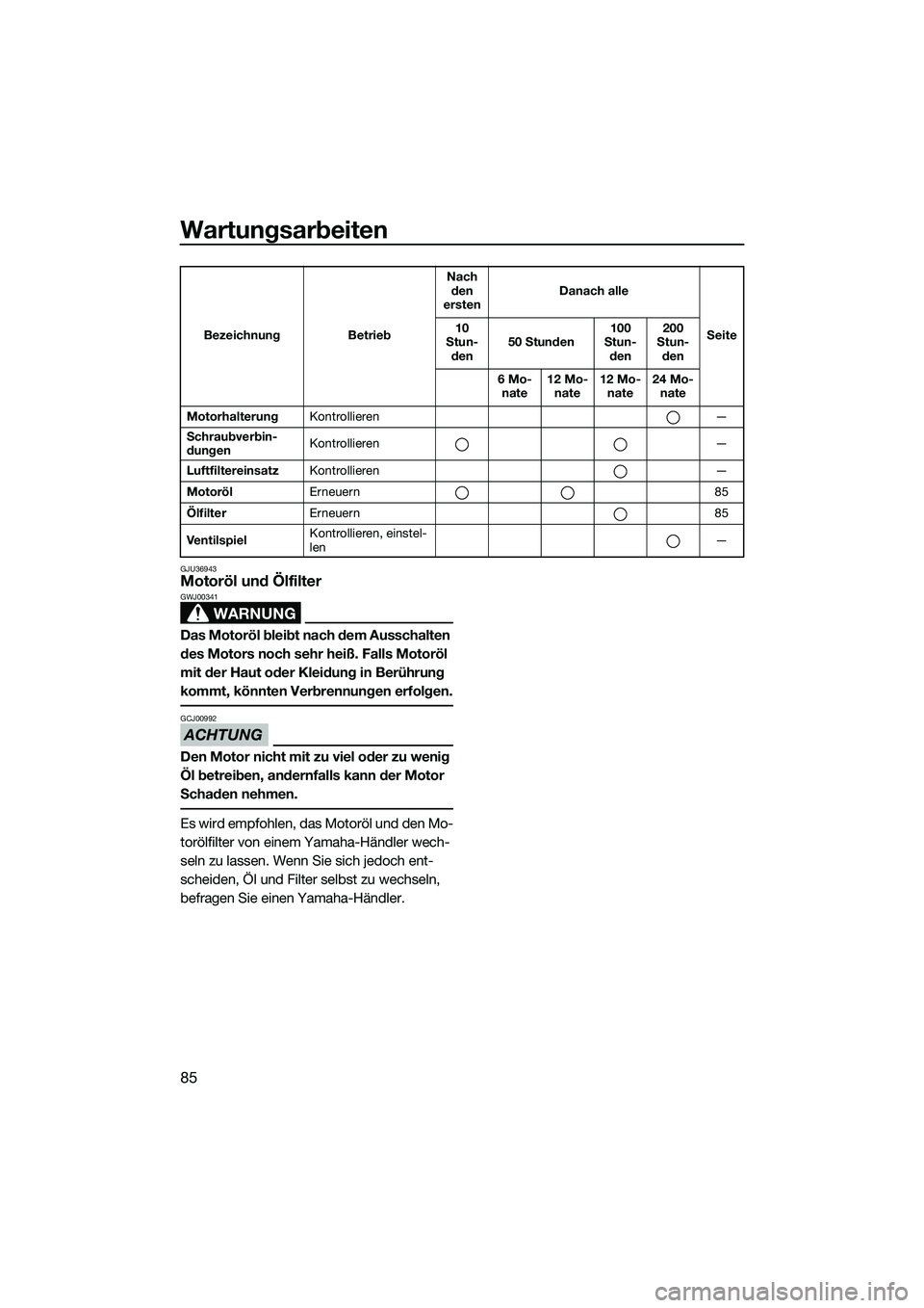 YAMAHA VXR 2014  Betriebsanleitungen (in German) Wartungsarbeiten
85
GJU36943Motoröl und Ölfilter
WARNUNG
GWJ00341
Das Motoröl bleibt nach dem Ausschalten 
des Motors noch sehr heiß. Falls Motoröl 
mit der Haut oder Kleidung in Berührung 
komm