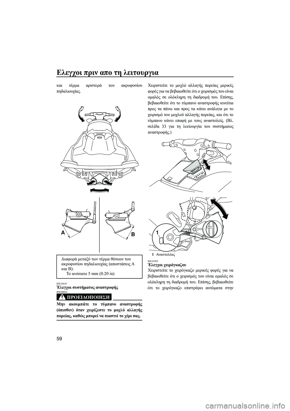 YAMAHA VXR 2014 ΟΔΗΓΌΣ ΧΡΉΣΗΣ (in Greek) Ελεγχοι πριν απο τη λειτουργια
59
και τέρμα αριστερά του ακροφυσίου
πηδαλιουχίας .
RJU32635Έλεγχοι συστήματο YAMAHA VXR 2014 ΟΔΗΓΌΣ ΧΡΉΣΗΣ (in Greek) Ελεγχοι πριν απο τη λειτουργια
59
και τέρμα αριστερά του ακροφυσίου
πηδαλιουχίας .
RJU32635Έλεγχοι συστήματο
