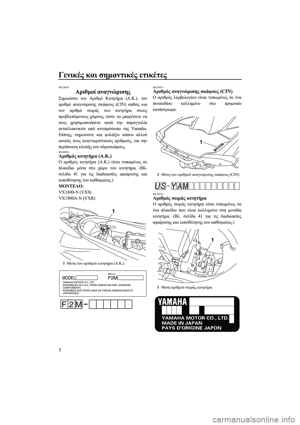 YAMAHA VXR 2014  ΟΔΗΓΌΣ ΧΡΉΣΗΣ (in Greek) Γενικές και  σημαντικές  ετικέτες
1
RJU36452
Αριθμοί  αναγνώρισης
Σημειώστε  τον  Αριθμό  Κινητήρα  (Α.Κ .),  τον
αριθ