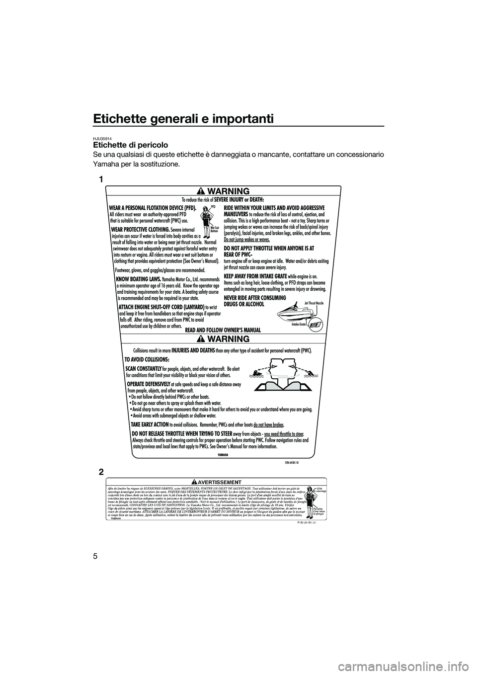 YAMAHA VXR 2014  Manuale duso (in Italian) Etichette generali e importanti
5
HJU35914Etichette di pericolo
Se una qualsiasi di queste etichette è danneggiata o mancante, contattare un concessionario
Yamaha per la sostituzione.
1
2
UF2M73H0.bo