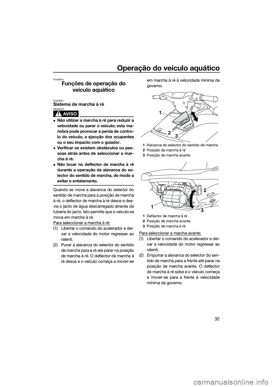 YAMAHA VXR 2014 Manual de utilização (in Portuguese) Operação do veículo aquático
32
PJU40012
Funções de operação do veículo aquático
PJU40521Sistema de marcha à ré
AVISO
PWJ01231
Não utilizar a marcha à ré para reduzir a
velocidade ou YAMAHA VXR 2014 Manual de utilização (in Portuguese) Operação do veículo aquático
32
PJU40012
Funções de operação do veículo aquático
PJU40521Sistema de marcha à ré
AVISO
PWJ01231
Não utilizar a marcha à ré para reduzir a
velocidade ou