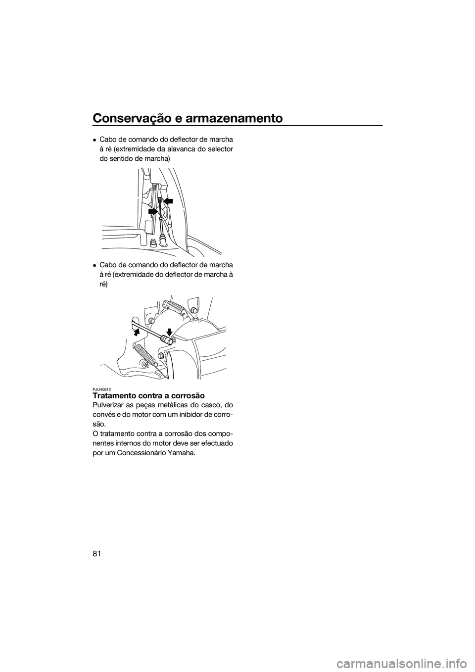 YAMAHA VXR 2014  Manual de utilização (in Portuguese) Conservação e armazenamento
81
Cabo de comando do deflector de marcha
à ré (extremidade da alavanca do selector
do sentido de marcha)
Cabo de comando do deflector de marcha
à ré (extremida